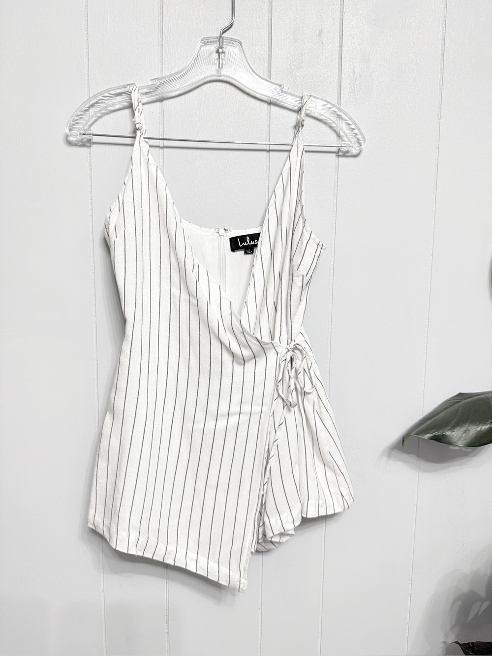 #11). Lulu's White Romper with Black Pinstripes and Side Tie